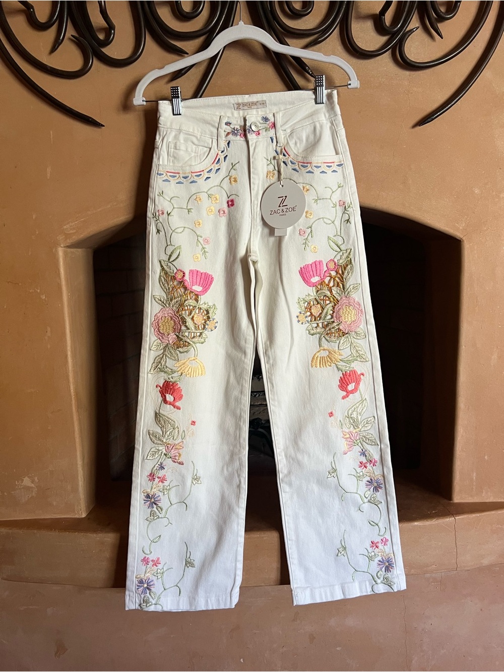 Zack & Zoey Cream Wide-Leg Jeans with Multicolor Floral Embroidery